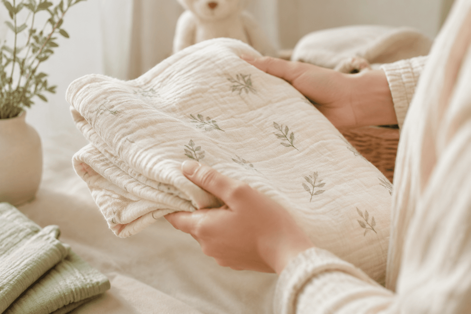 A parent gently wrapping a baby in a Pentiex swaddle